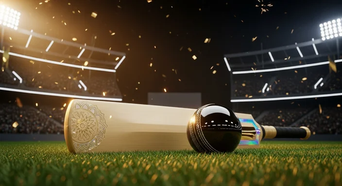 Cricket stadium lights with a bat and ball, illustrating common cricket betting markets and live odds